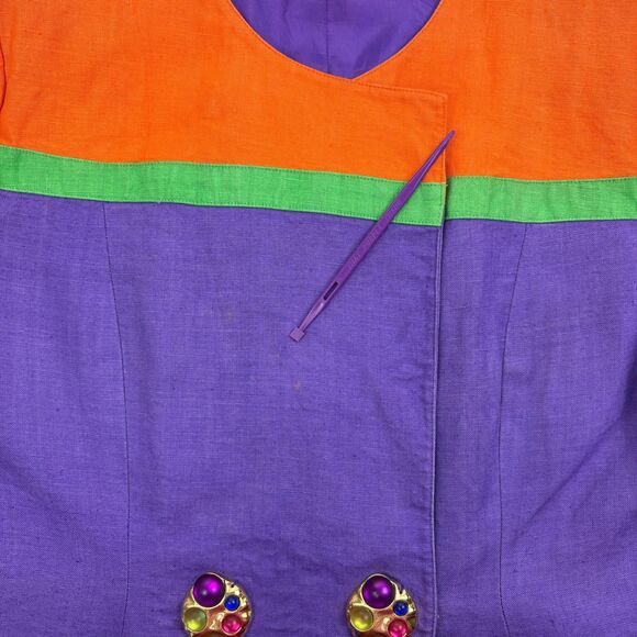 VTG Helene D Collection Linen Colorblock SS Jacket Jeweled Buttons FLAWS 14 - Picture 11 of 16